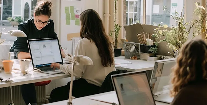 A team of designers working collaboratively in a bright, modern office.